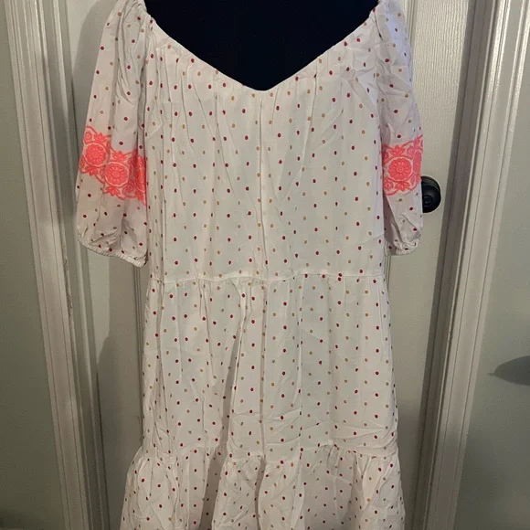 LOFT White Knee-Length Dress with Orange Pink Yellow Dots, Lace Accents NWOT XL - Picture 2 of 5